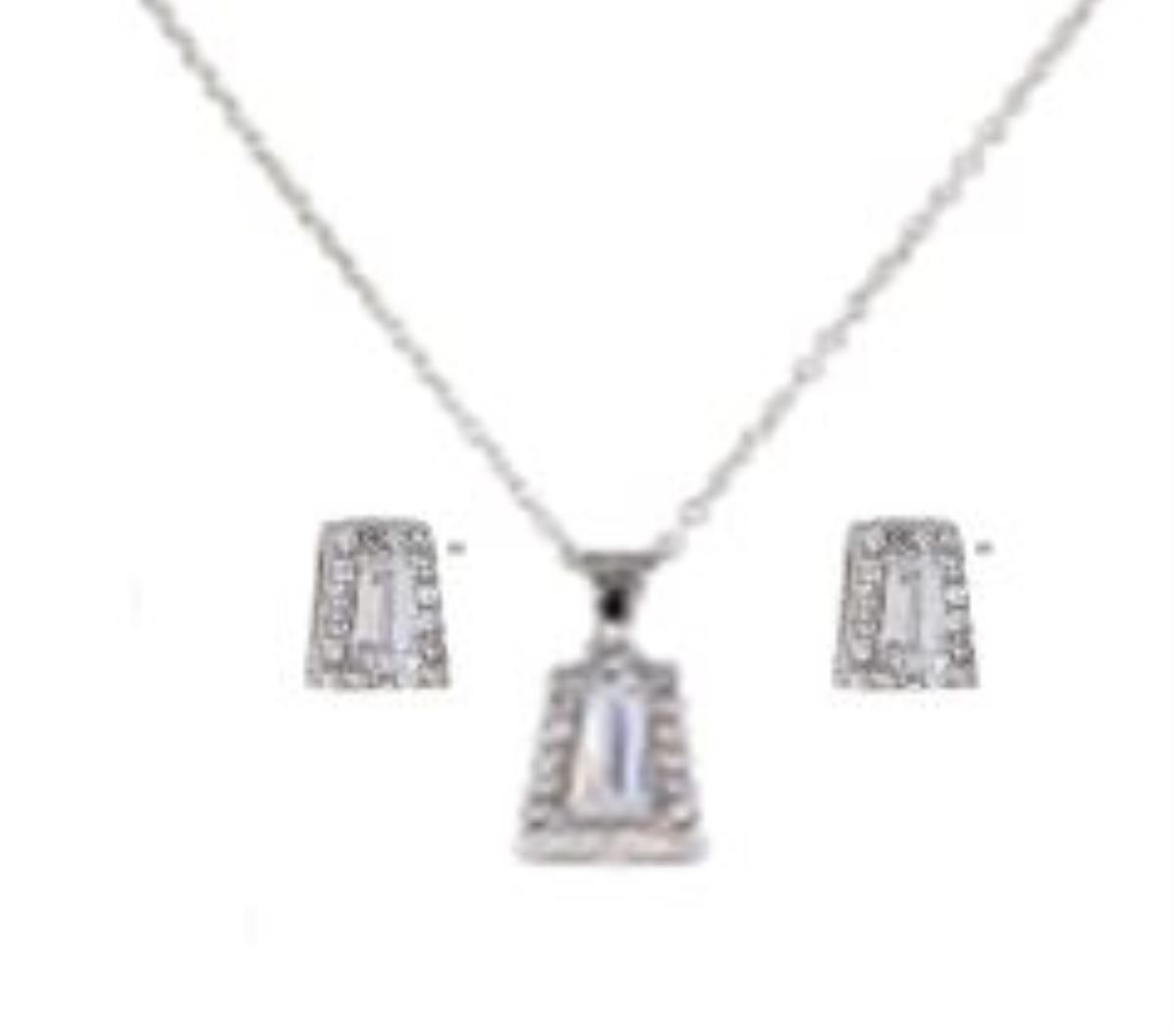 Sterling Silver Rhodium Pave Trapped Baguette Halo 18+2" Necklace and Earring Set