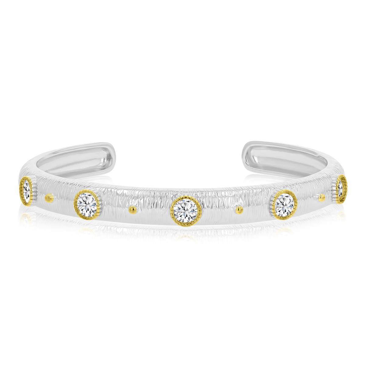 Sterling Silver Yellow & White 7x67mm White CZ & Polished Beads Brushed Bangle