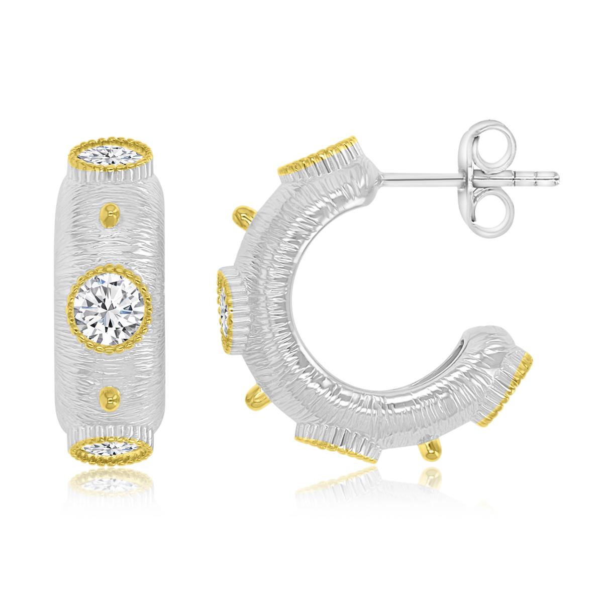 Sterling Silver White & Yellow 7x20mm White CZ & Polished Beads Brushed J-shaped Huggie Earrings