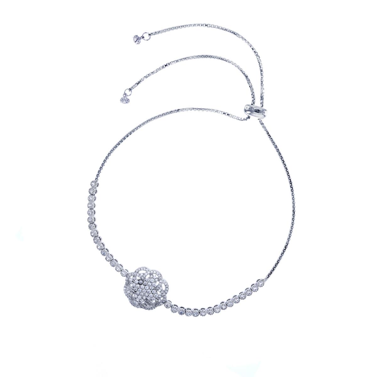 Sterling Silver Rhodium Micropave Round Cut Flower Adjustable Bracelet