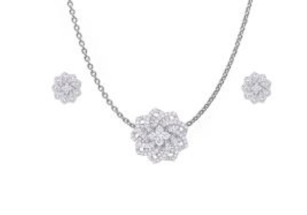 Sterling Silver Rhodium 10mm CZ Flower 18+2" Necklace and Earring Set