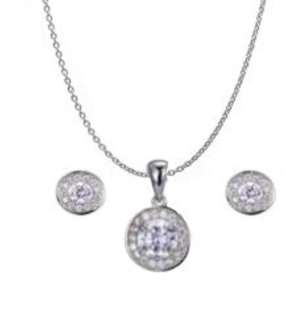 Sterling Silver Rhodium 10mm CZ Flower 18+2" Necklace and Earring Set