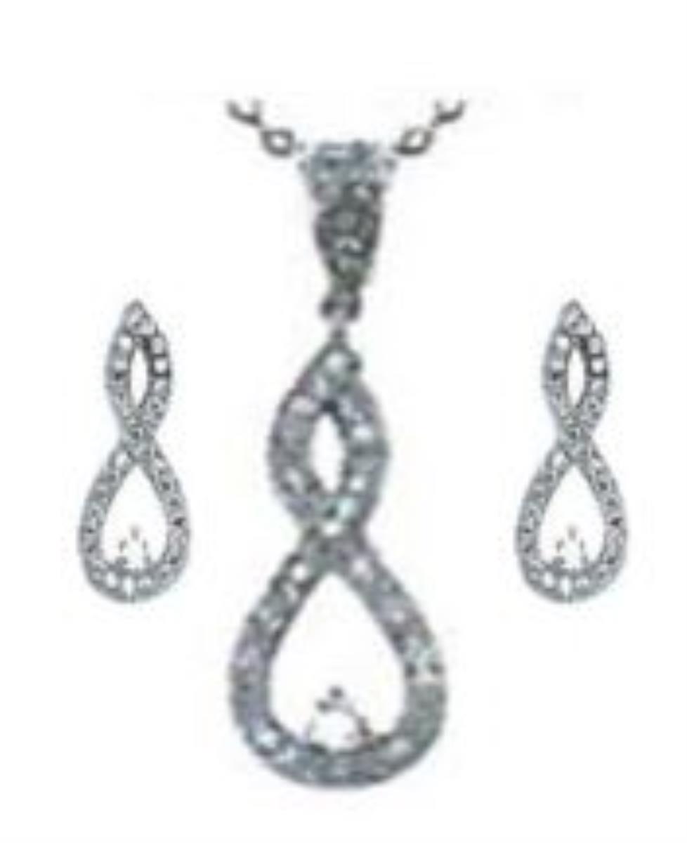 Sterling Silver Rhodium Pave Dangling Infinity 18+2"Necklace and Earring Set
