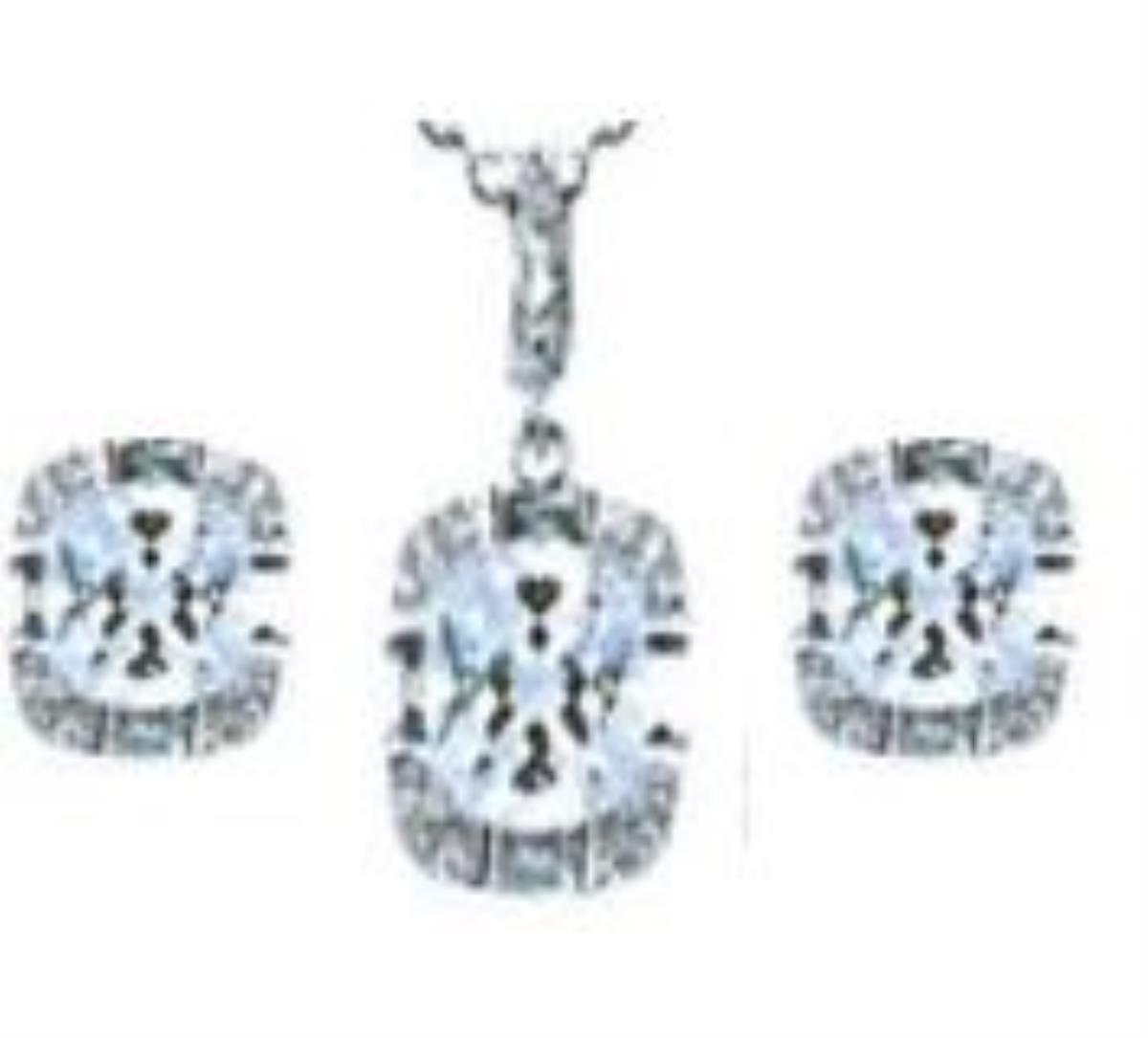 Sterling Silver Rhodium Cushion Cut Fancy Micropave & Baguette Halo 18+2" Necklace and Earring Set