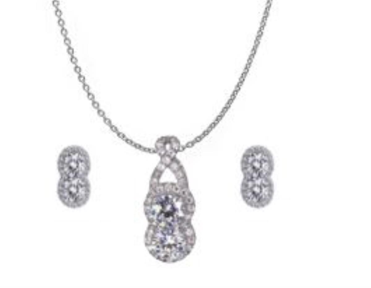 Sterling Silver Rhodium Two Stone Twist Halo 18+2" Necklace and Earring Set
