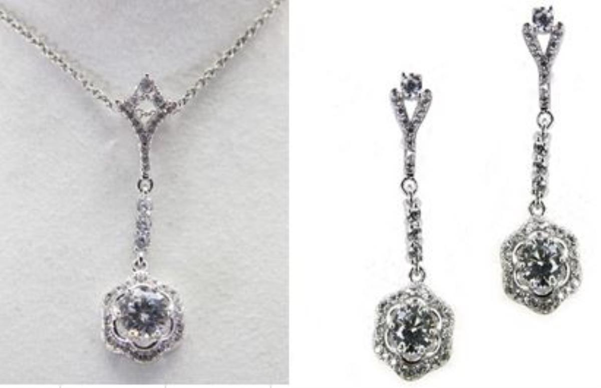 Sterling Silver Rhodium Pave Hexagon Flower Dangling with Hidden Bail 18+2" Necklace and Earring Set