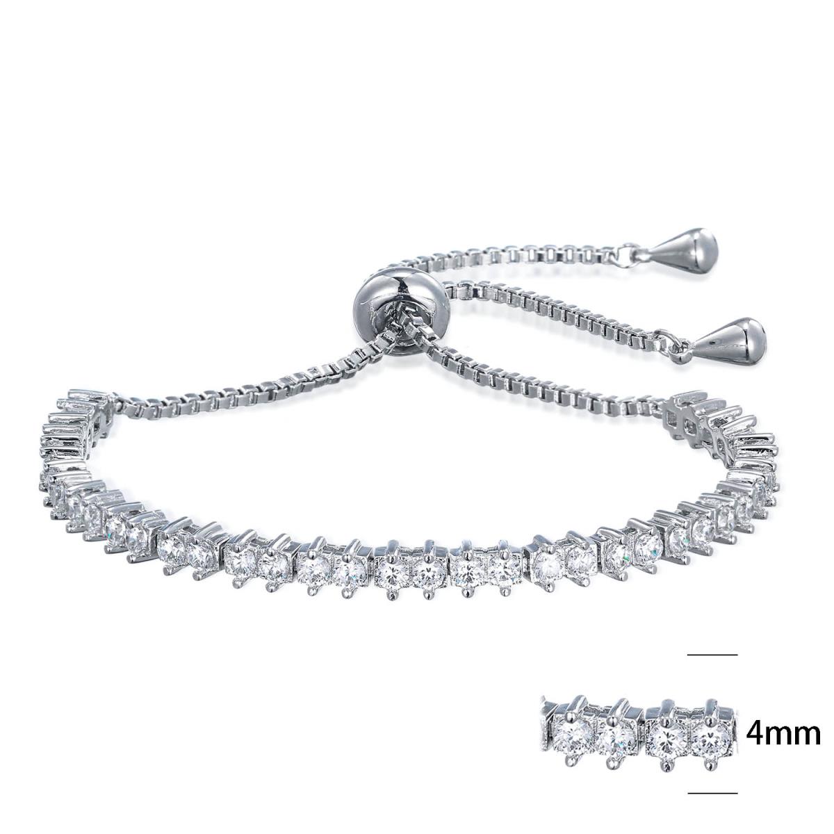 Sterling Silver Rhodium 4.00mm Round Cut Adjustable Bracelet