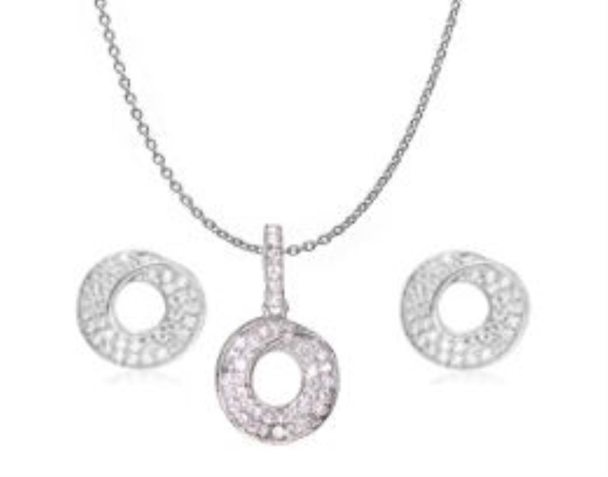 Sterling Silver Rhodium Round Pave 18+2" Necklace and Earring Set