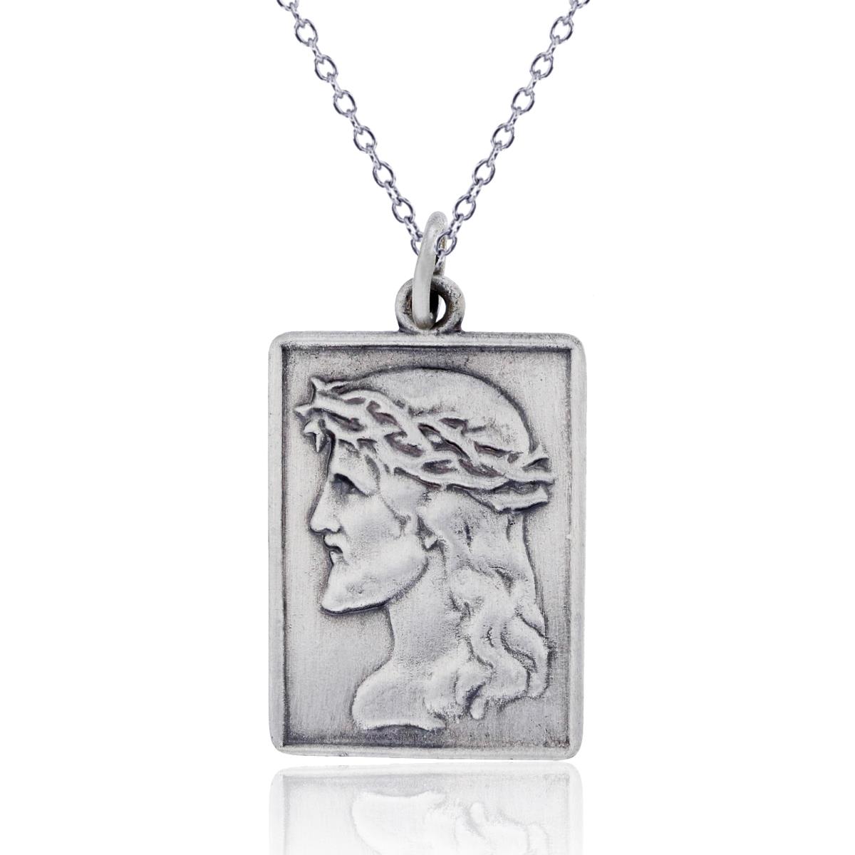 Sterling Silver Oxidized Rectangle Jesus Religious Medal On 20" DC Beaded Chain