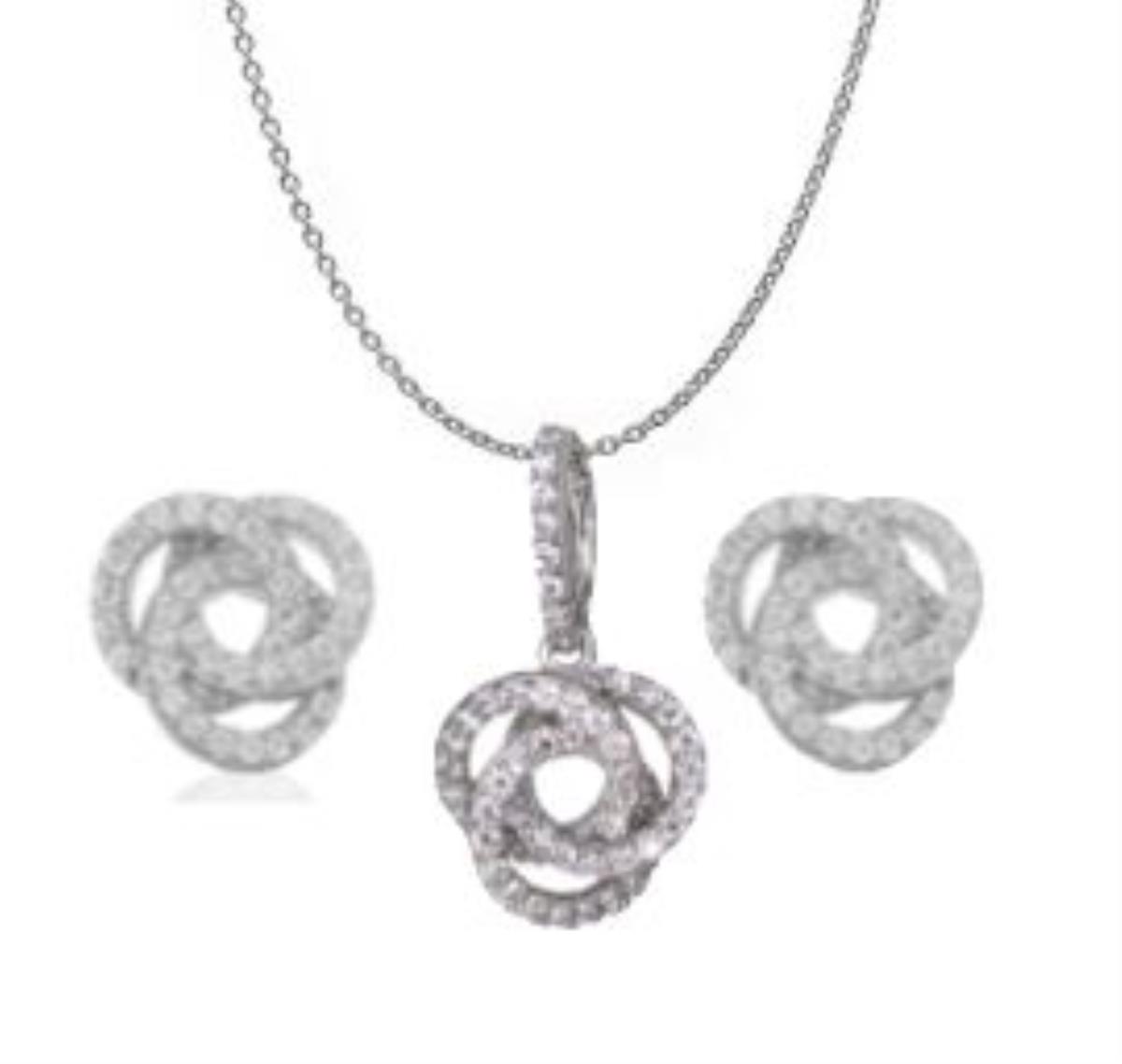 Sterling Silver Rhodium Micropave Love Knot 18+2" Necklace and Earring Set