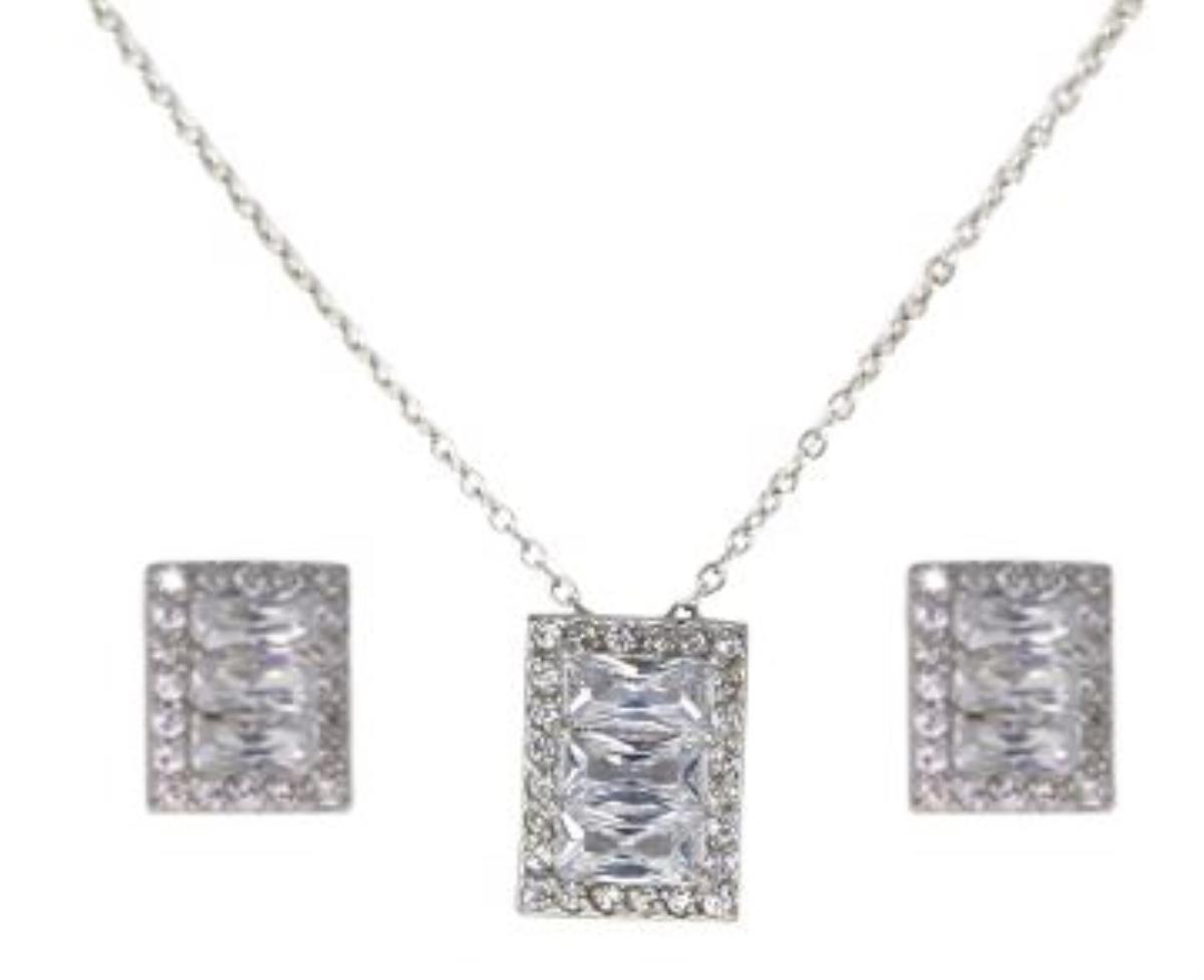 Sterling Silver Rhodium Micropave Three Emerald Rectangle 18+2" Necklace and Earring Set