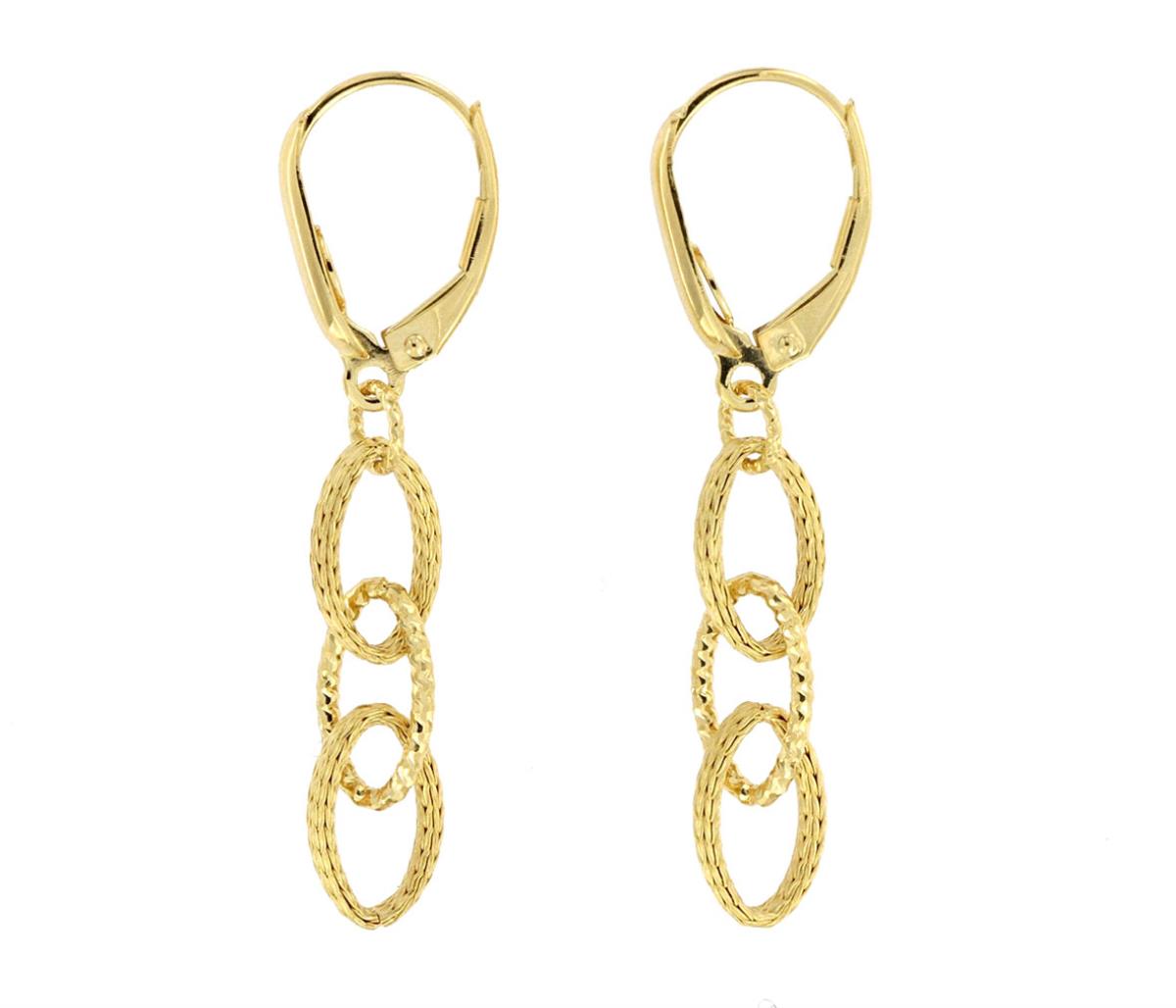 14K Yellow Gold Three Texture Oval Shape Link Dangling Earrings With Leverback, 40X5.10MM