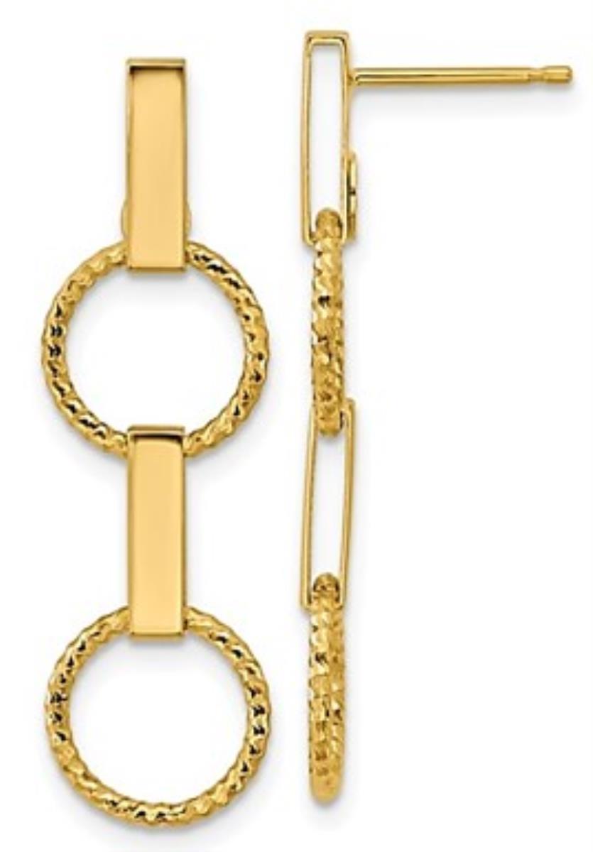 14K Yellow Gold High Polish and Diamond Cut Multi Shape Geometric Drop Earrings, 30X9MM