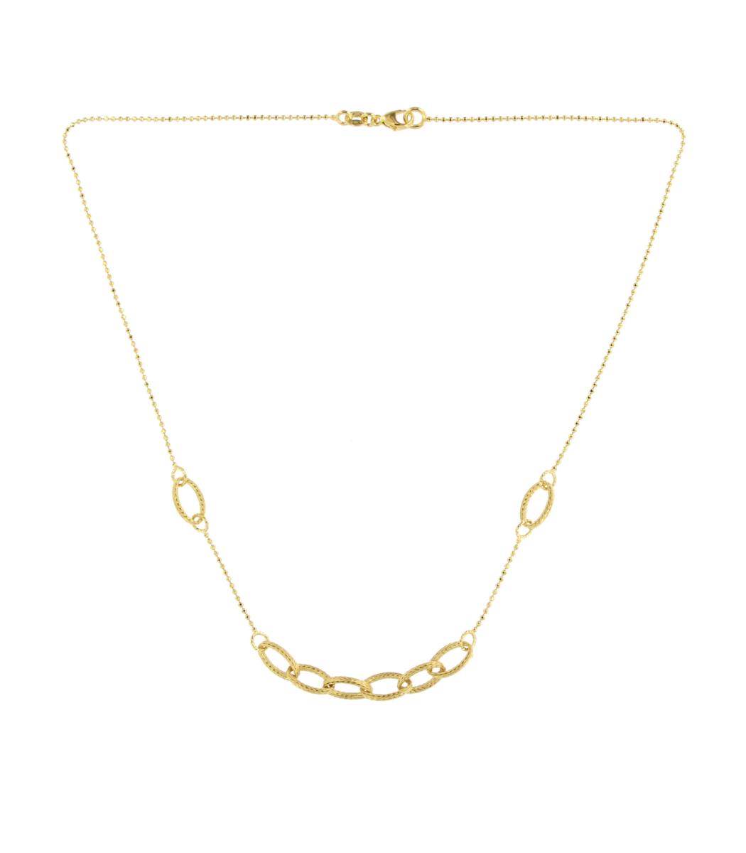 14K Yellow Gold Texture Links With High Polish and Diamond Cut Beads Necklace, 17"