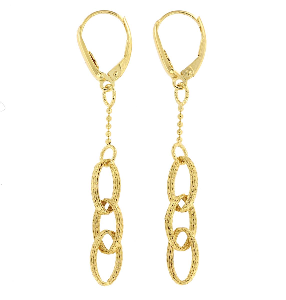 14K Yellow Gold High Polish Beads With Texture and Diamond Cut Multi Link Dangle Earrings With Leverback, 60X6.1MM