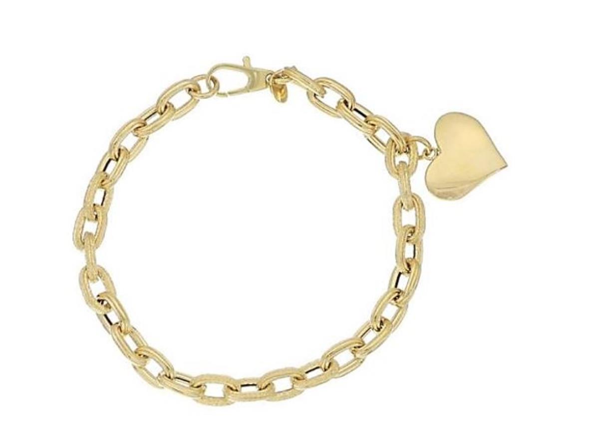 14K Yellow Gold 6.30 High Polish Rolo Chain With Heart Shape Charm Bracelet, 7.50" 