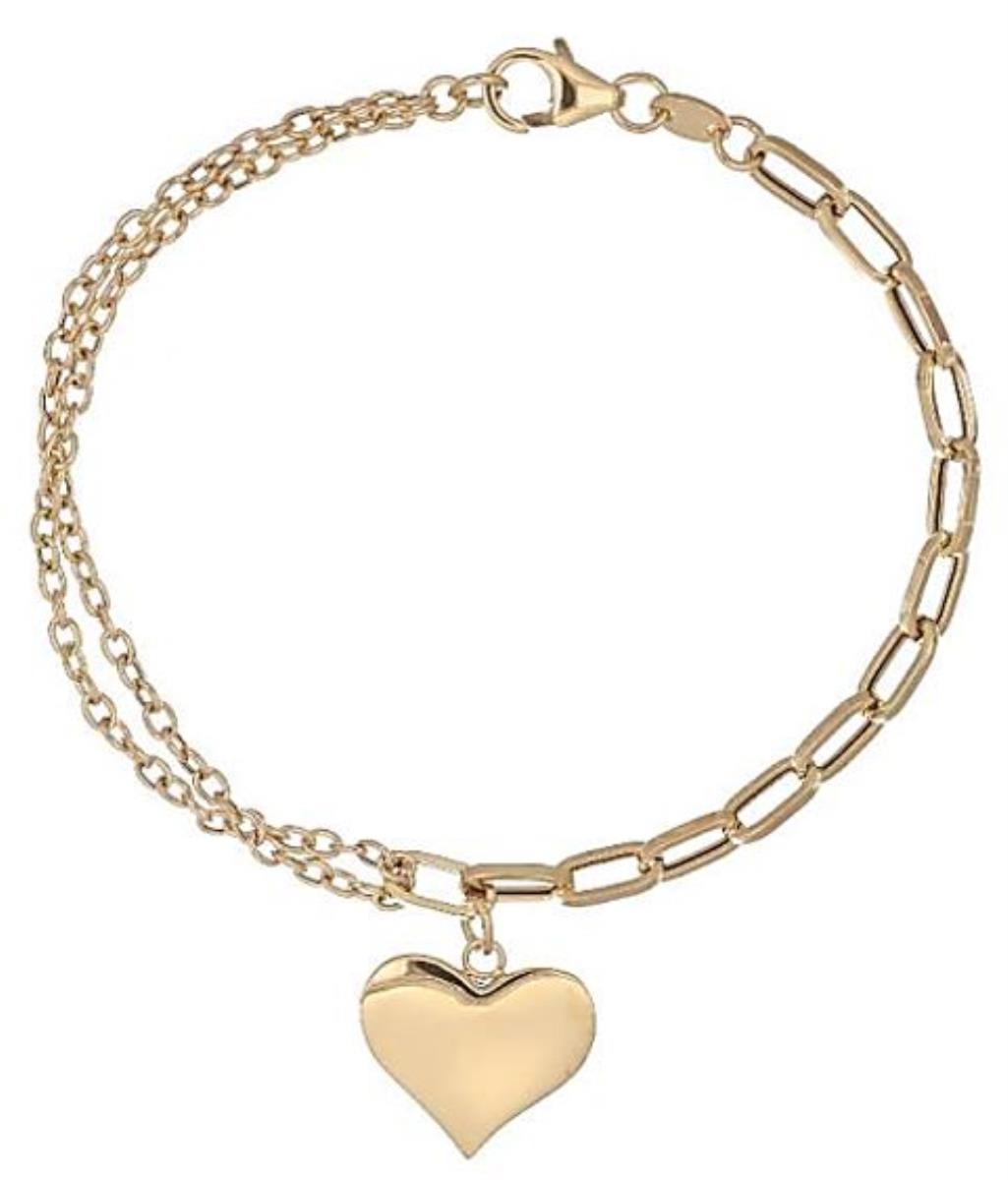 14K Yellow Gold 4.10 High Polish Heart Dangling on Paperclip and Double Row Cable Chain Bracelet, 7.5"