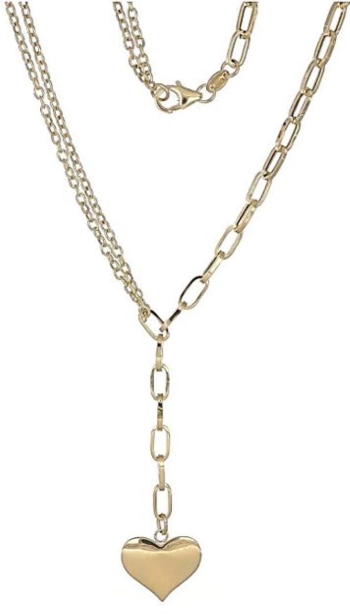 14K Yellow Gold 4.10MM High Polish Dangling Heart With One Side Paperclip and the other Double Side Rolo Chain Necklace, 18"