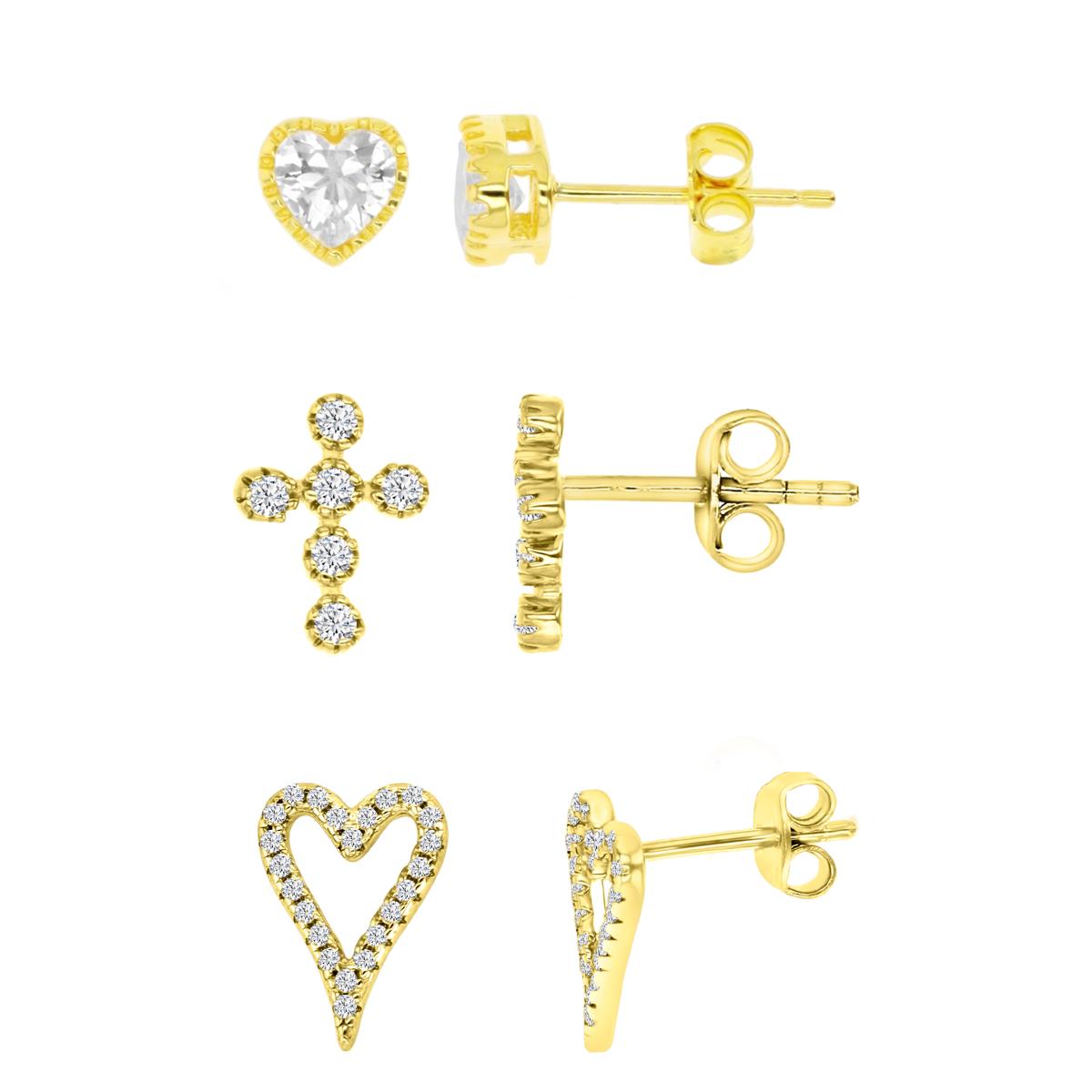 Brass Bezel Heart, Cross, and Elongated Heart Earring Set
