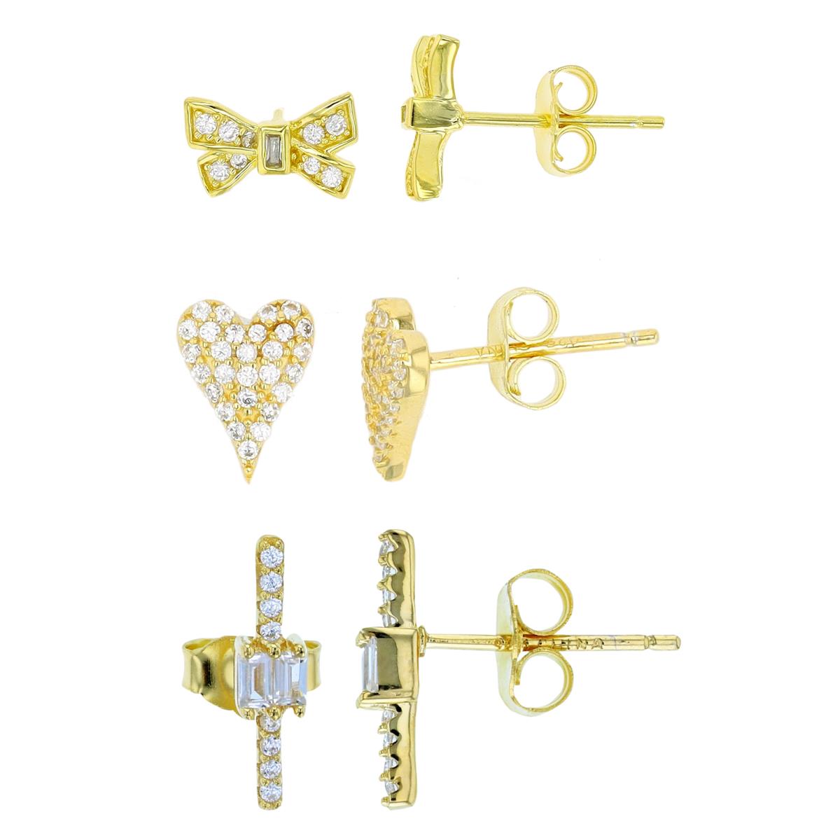 Brass Heart, Bow, & Bar Stud Earring Set