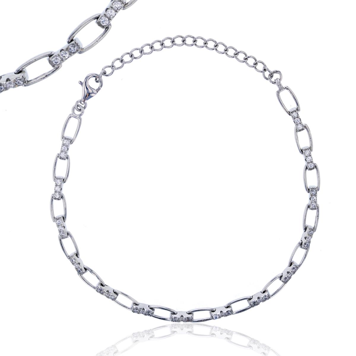 Sterling Silver Rhodium Pave Link 7+2'' Extender Bracelet