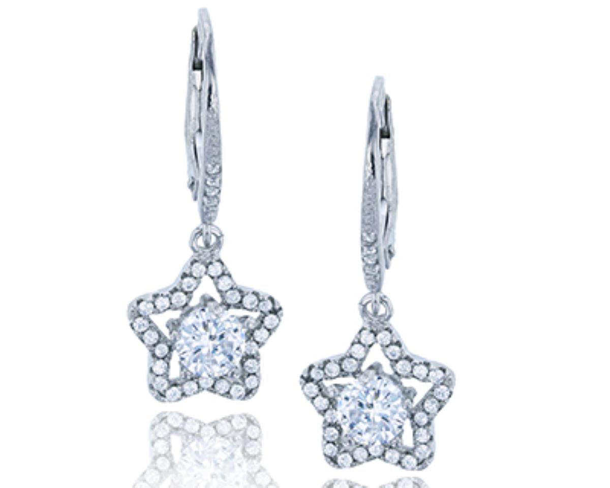 Sterling Silver Rhodium 5.00mm Round Cut Star Dangling Earring