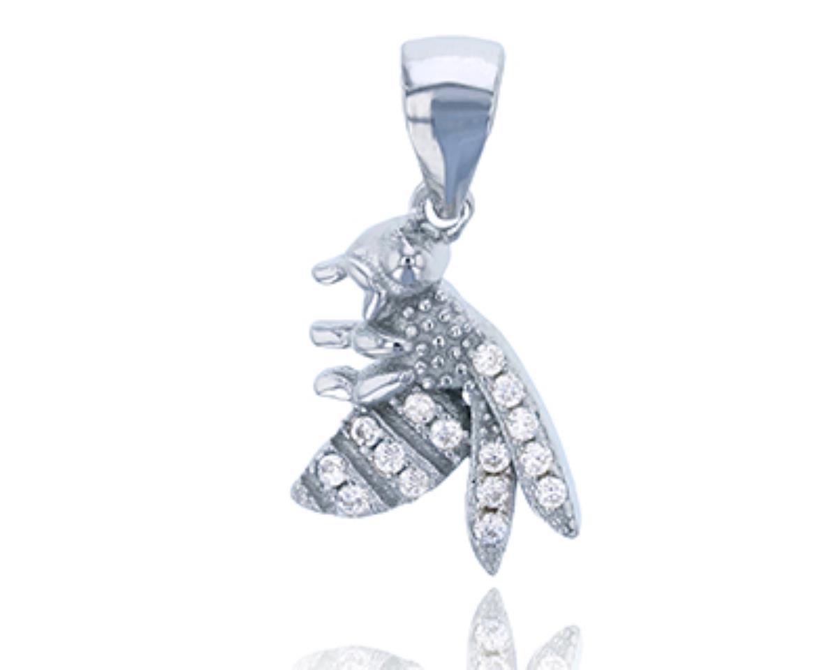 Sterling Silver Rhodium Bee Pave Dangling Pendant