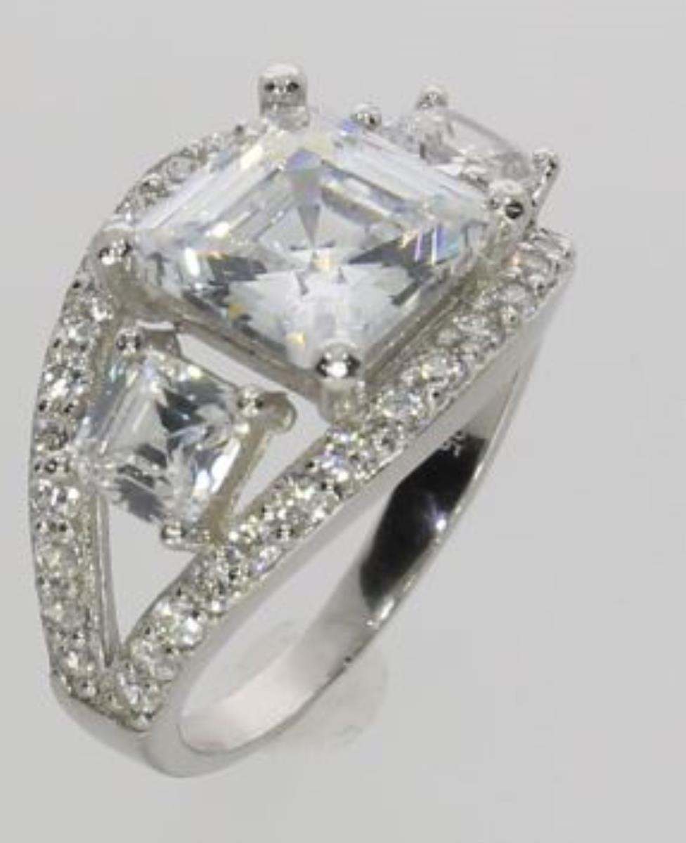 Platinum Plated Brass White Princess Cut Split Shank Design Ring