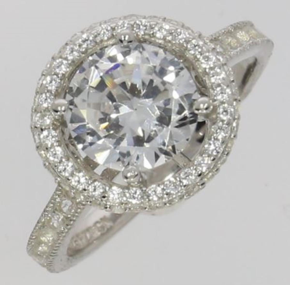 Platinum Plated Brass White Round Cut Halo Engagement Ring