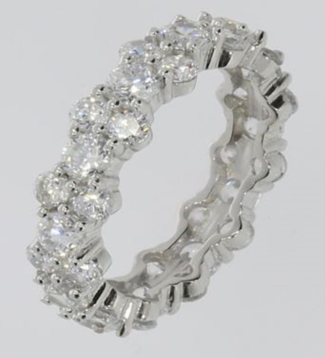Platinum Plated Brass White Round Cut Cluster Scallop-Edge Eternity Ring