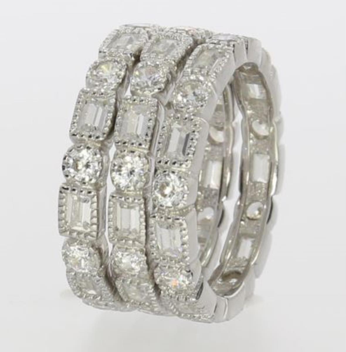 Platinum Plated Brass White Round Cut & Baguette Triple Band Stacker Ring