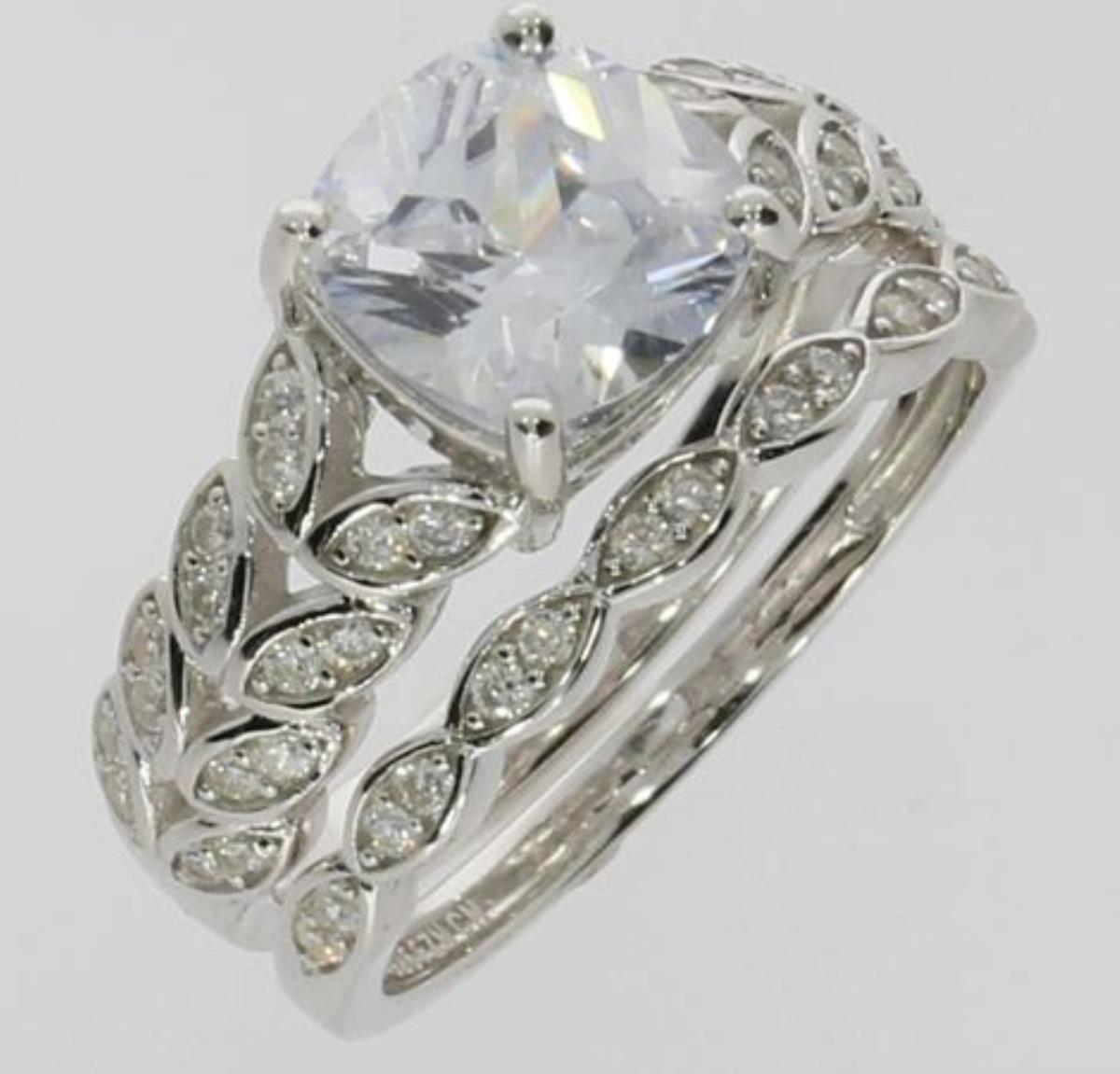 Platinum Plated Brass White Cushion Cut Solitaire Twist Leaf Duo Set Ring