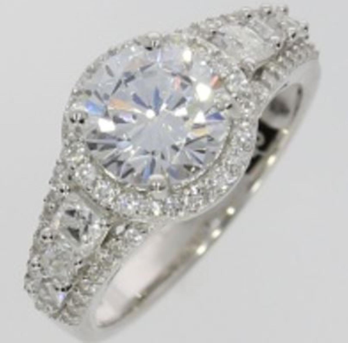 Platinum Plated Brass White Halo Round Cut with Side Stones Engagement Ring