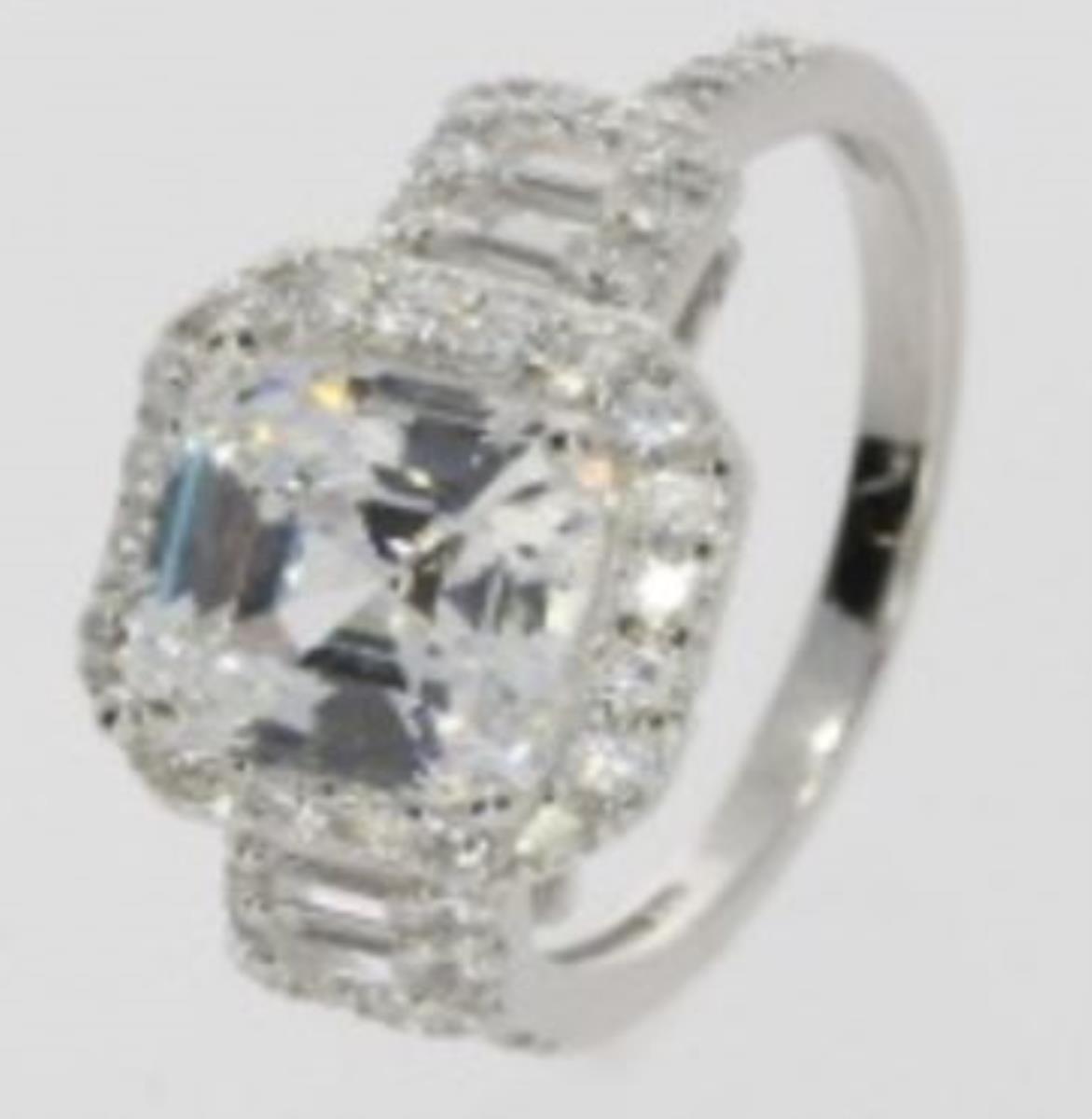 Platinum Plated Brass White Asscher Hex Halo & Baguette Side Stones Engagement Ring