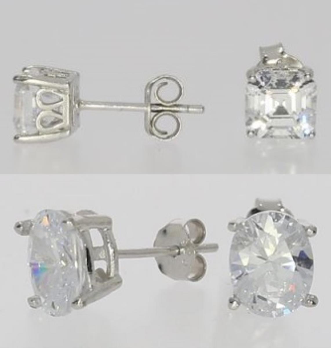 Platinum Plated Brass White 6.00mm Asscher & 6.00x8.00mm Oval Cut Solitaire Stud Earring Set