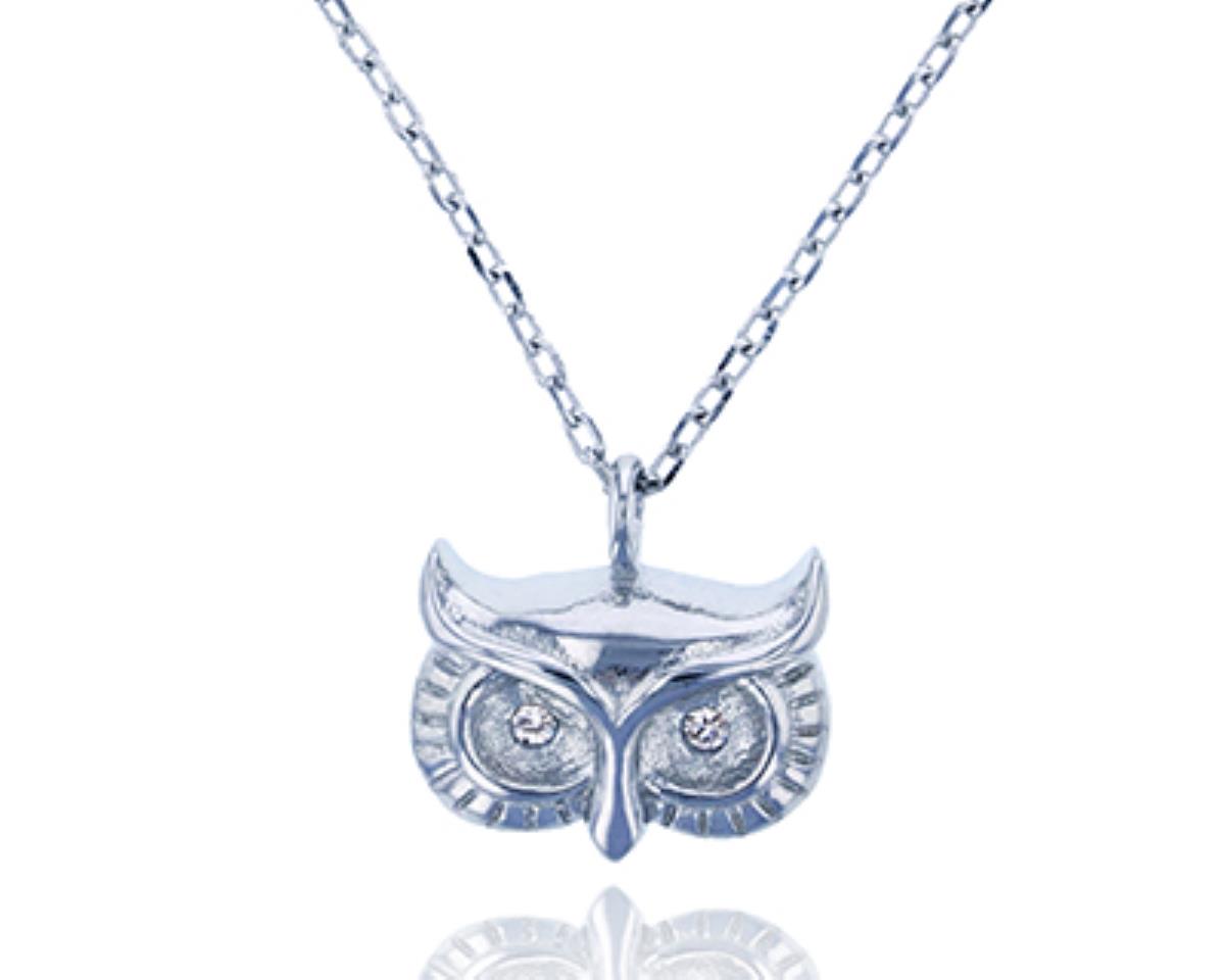 Sterling Silver Rhodium Pave Owl 16+2'' Necklace