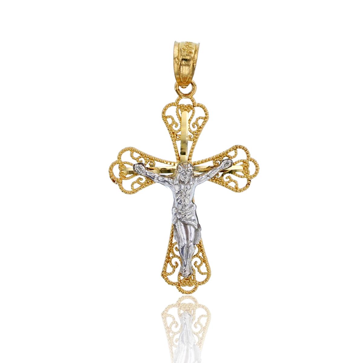 14K Two-Tone Gold Polished & Textured Religious Filigree Crucifix Cross Pendant