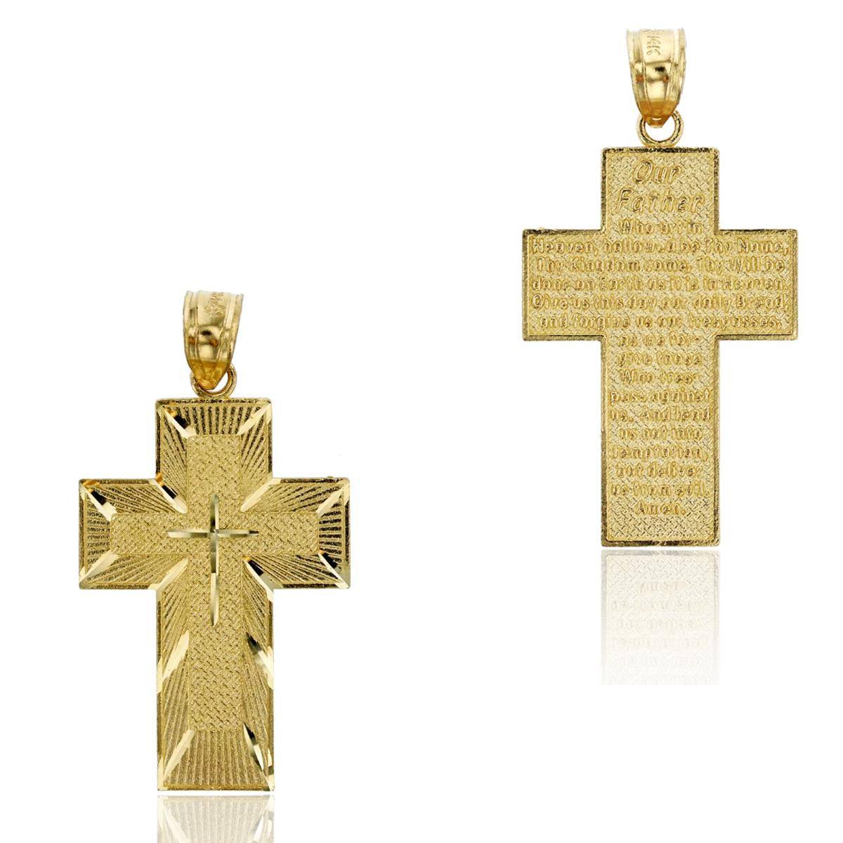 14K Yellow Gold DC Textured 33X17.5mm Our Father Prayer Engraved Cross Pendant