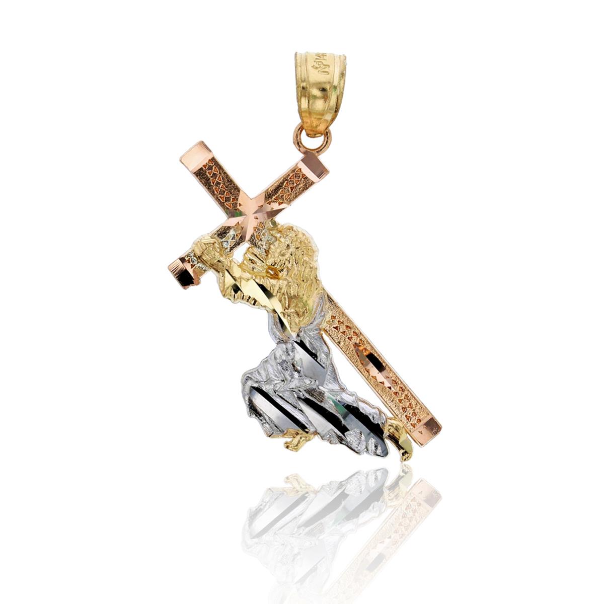 14K Tri-Color Gold Textured Jesus Carrying Cross Pendant