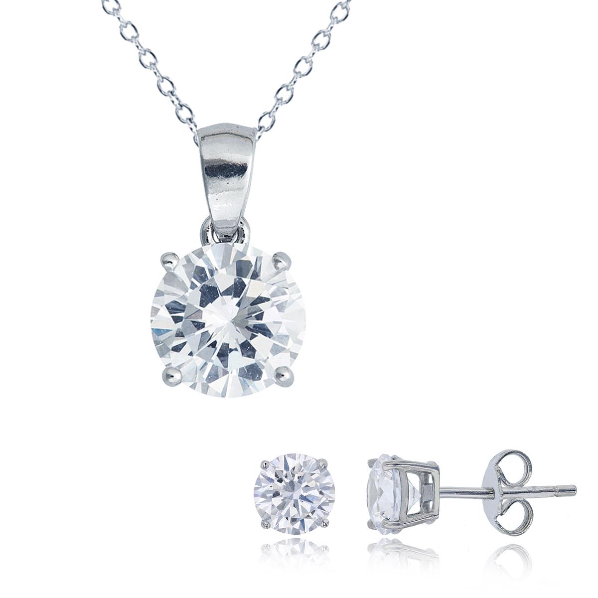 Sterling Silver Rhodium 6.00mm Round Cut Solitaire Necklace & Stud Earring Set