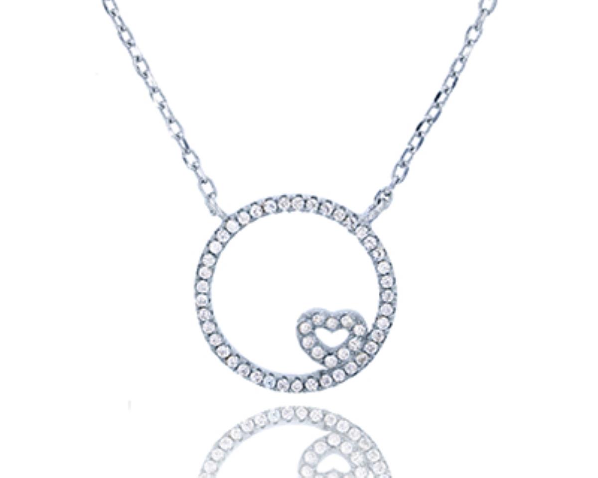 Sterling Silver Rhodium Round& Heart Shape Pave 16+2'' Necklace