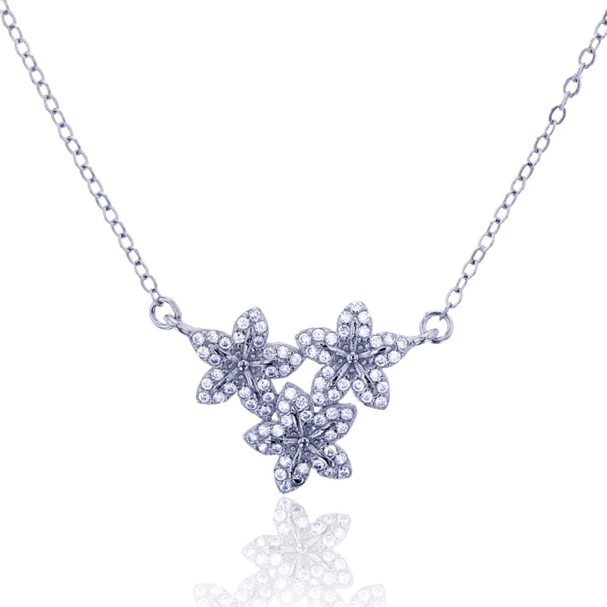 Sterling Silver Rhodium Micropave Triple Flower 16+2'' Necklace