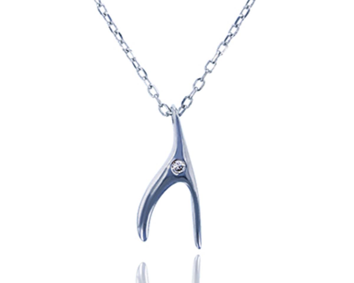 Sterling Silver Rhodium High Polished Pave Wishbone 16+2'' Necklace
