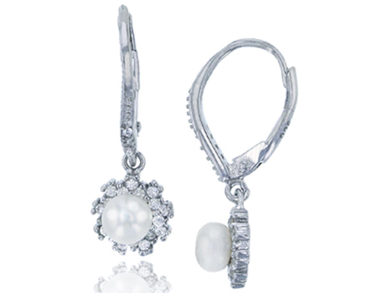 Sterling Silver Rhodium Pave 5mm Freshwater Pearl Flower Leverback Earring