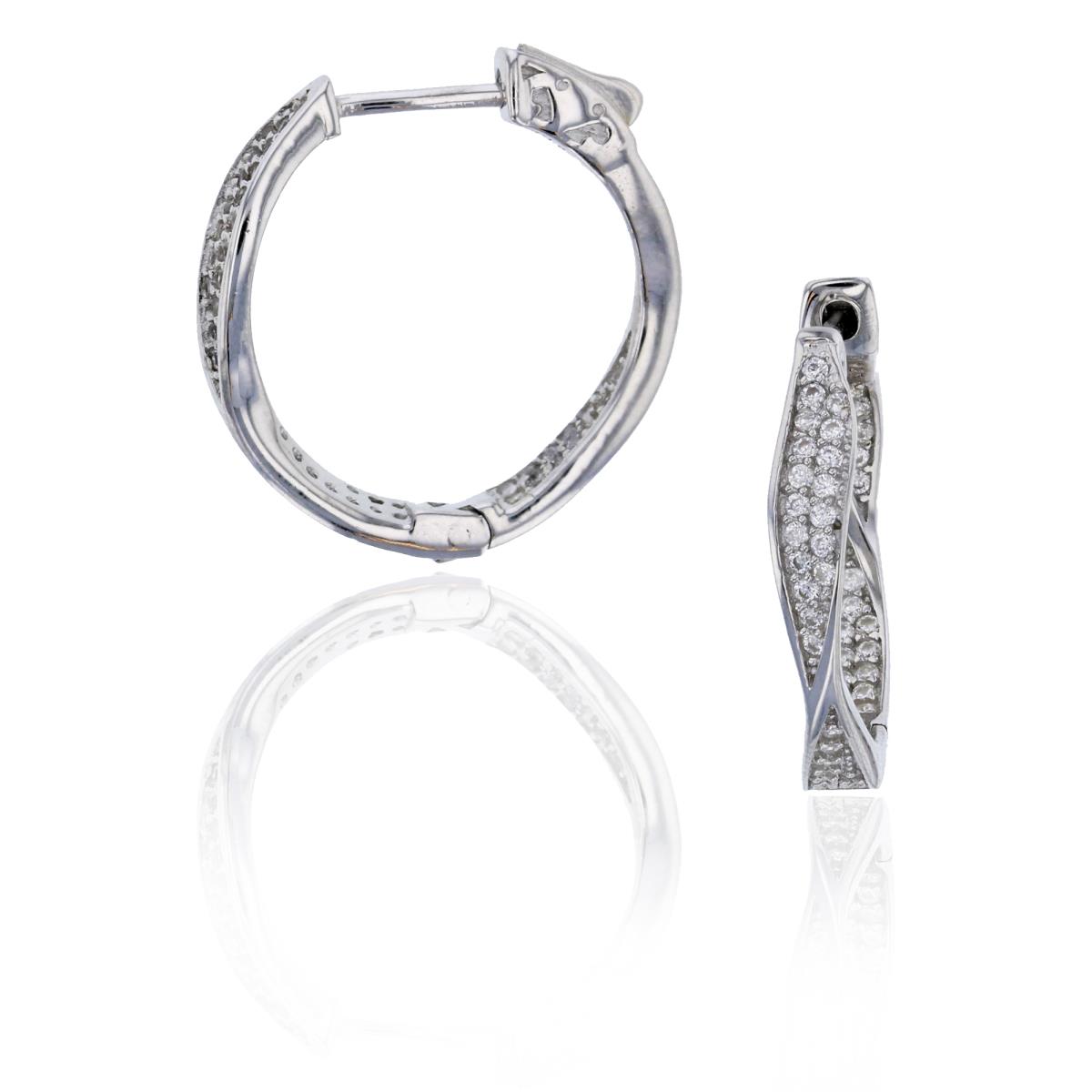 Sterling Silver Rhodium Micropave Safety Lock Twisted Hoop Earring