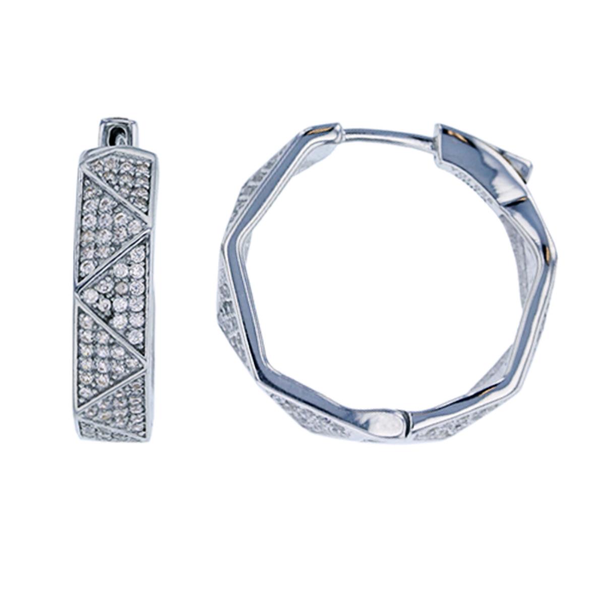 Sterling Silver Rhodium Round Cut Octagon Hoop Earring