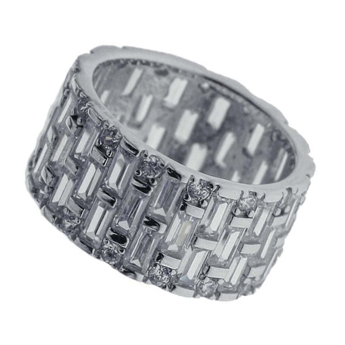 Sterling Silver Rhodium Baguette & Round Cut Channel Eternity Ring