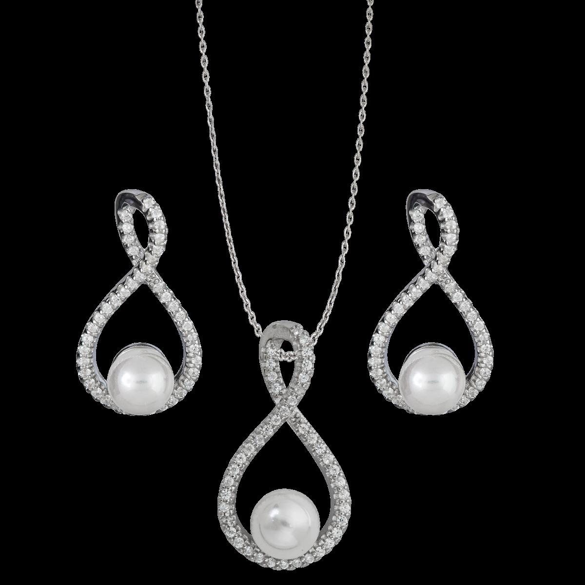 Sterling Silver Rhodium Infinity Pave & Faux Pearl Dangling Earring & 18" DC Cable Chain Necklace