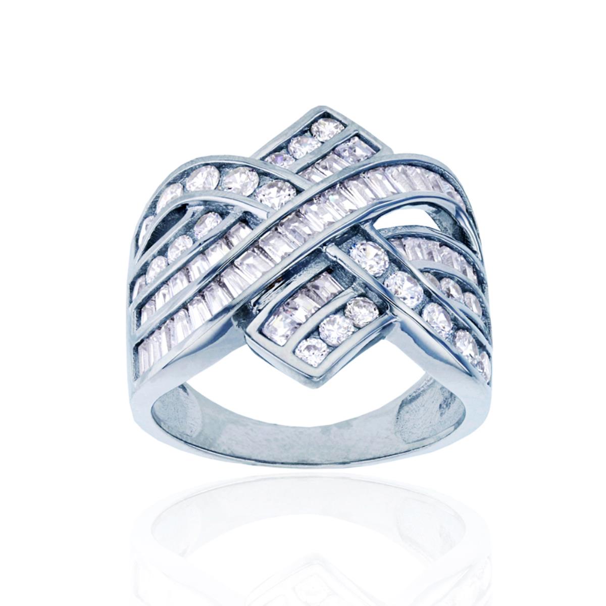 Sterling Silver RhodiumMulti-Row Baguette &Round Cut Fashion Ring