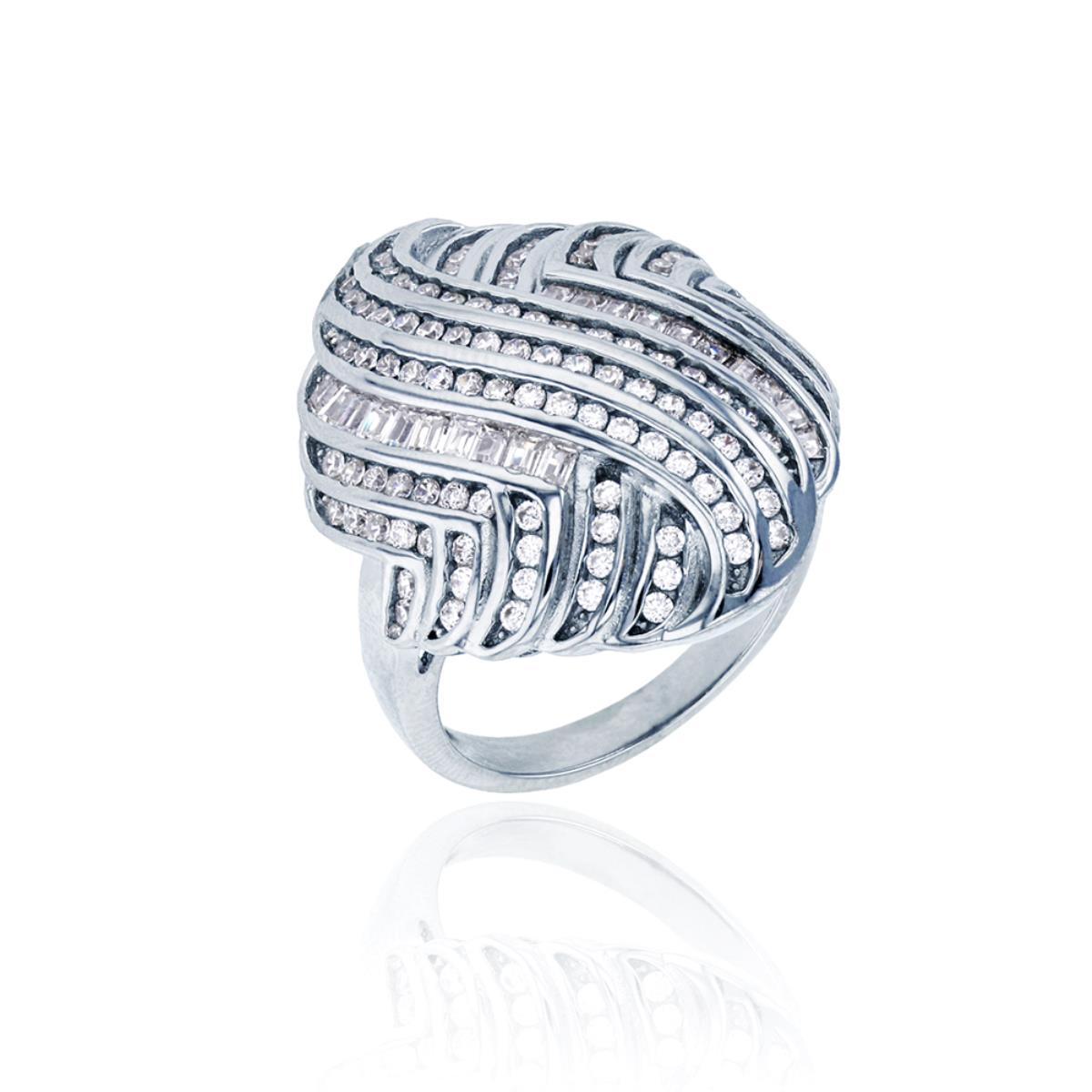 Sterling Silver Rhodium Dome Round&Baguette Cut Cocktail Fashion Ring